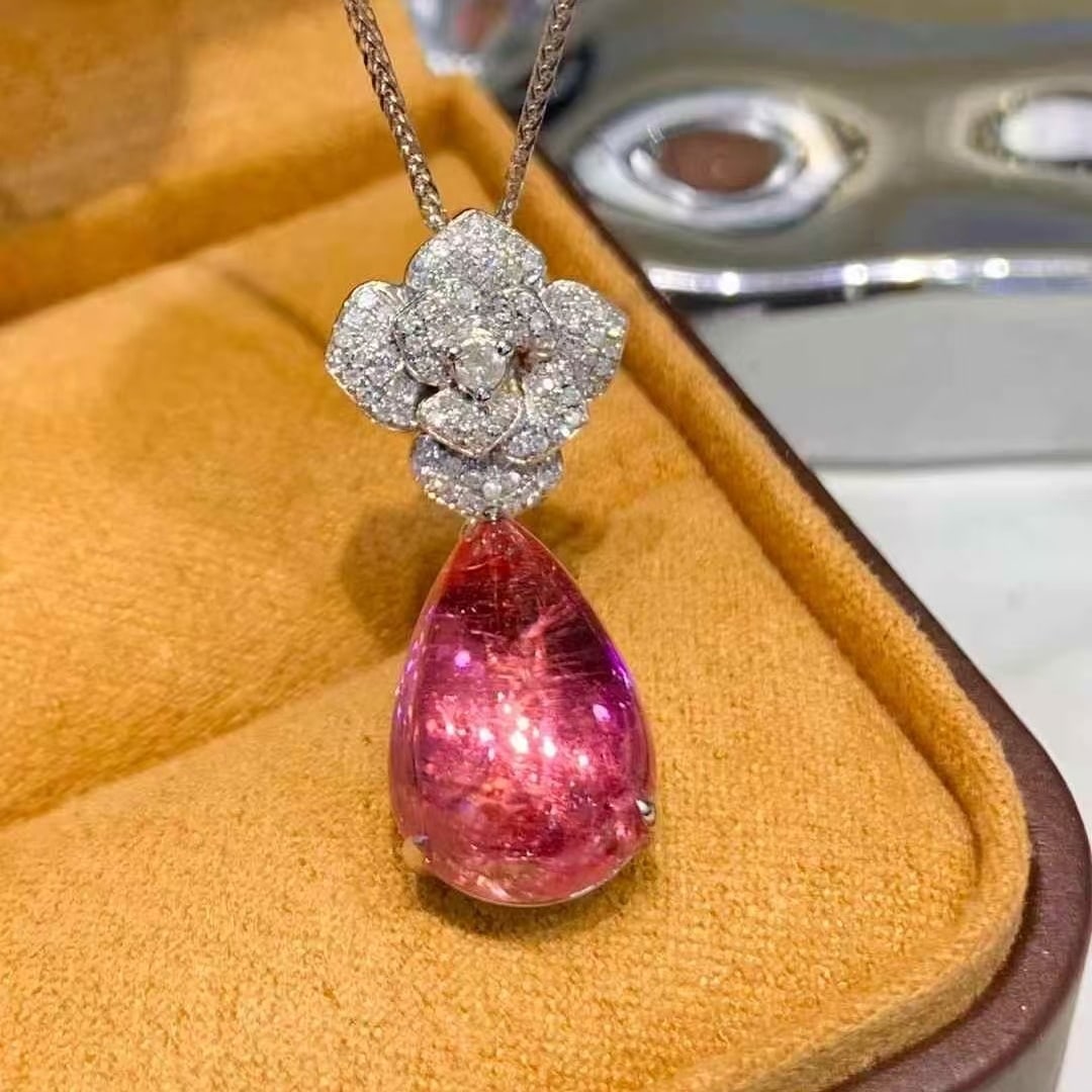14k Gold 6.8 Ct Natural Tourmaline & Diamond Pendant( Without Chain ) - 4