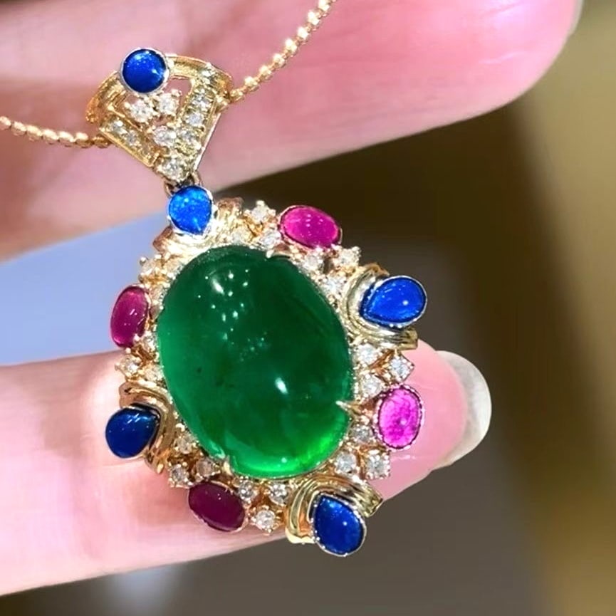 14k Gold 5.62 Ct Natural Emerald & Diamond Pendant( Without Chain ) - 3