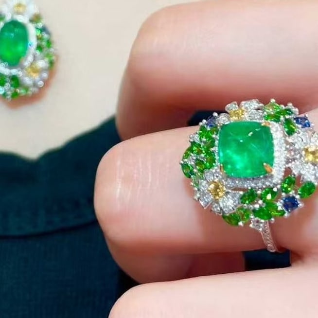 14k Gold 2 Ct Natural Emerald & Diamond & Sapphire & Tsavorite Pendant( Without Chain ) - 2