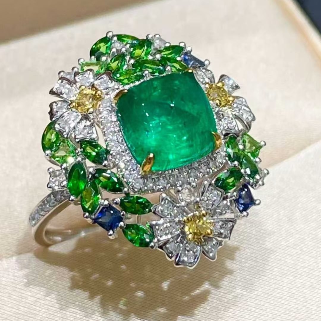 14k Gold 2 Ct Natural Emerald & Diamond & Sapphire & Tsavorite Pendant( Without Chain ) - 3