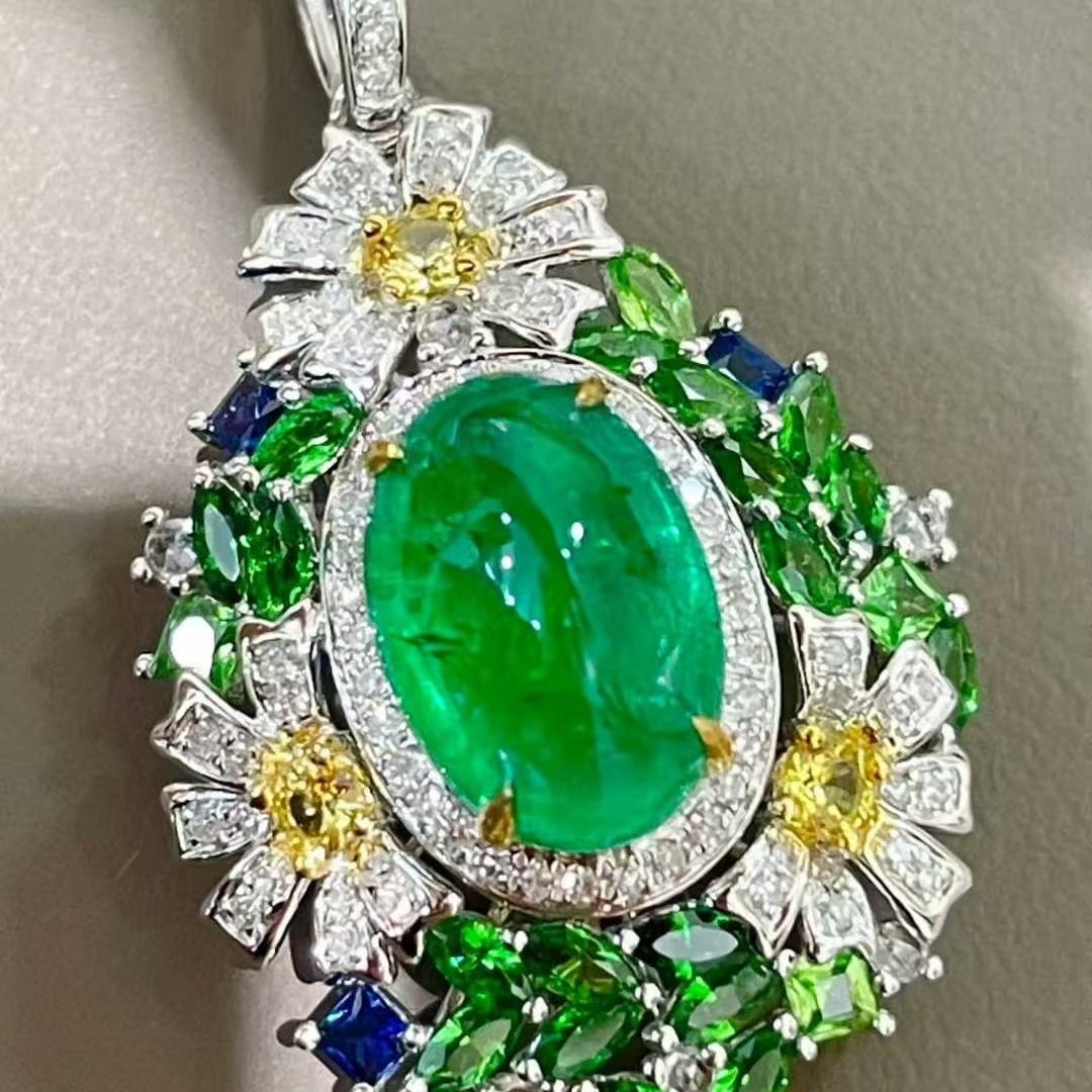 14k Gold 2.78 Ct Natural Emerald & Diamond & Sapphire & Tsavorite Pendant( Without Chain ) - 2