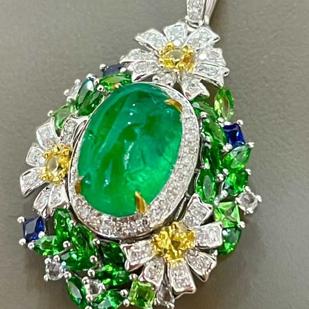 14k Gold 2.78 Ct Natural Emerald & Diamond & Sapphire & Tsavorite Pendant( Without Chain ) - 3
