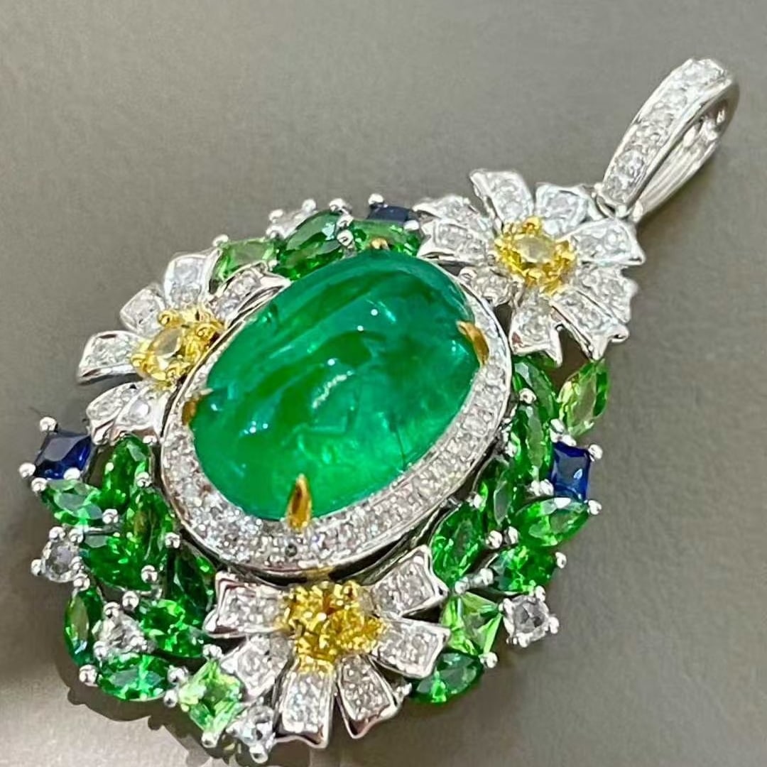 14k Gold 2.78 Ct Natural Emerald & Diamond & Sapphire & Tsavorite Pendant( Without Chain ) - 5