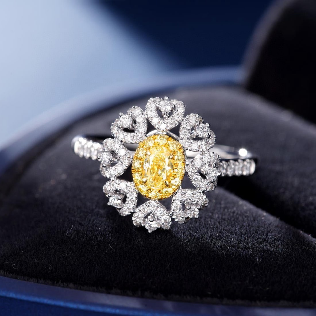 14k Gold 0.56 Ctw Natural Yellow Diamond & Diamond Ring: Ref:231051157 // gold content:14k gold // ring size:7. 25us // // main gemstone:yellow diamond // shape:oval // carat weight:0. 18ct // color:yellow // treatment:natural // // adjacent gemstone 2 :