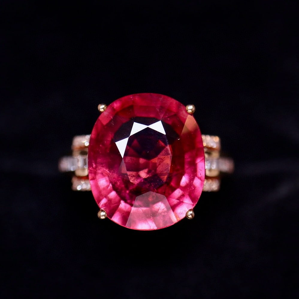 14k Gold 8.48 Ct Natural Tourmaline & Diamond Ring: Ref:231051164 // gold content:14k gold // ring size:7. 25us // // main gemstone:tourmaline // shape:oval // carat weight:8. 48ct // color:red // treatment:natural // // adjacent gemstone 2 : diamond /