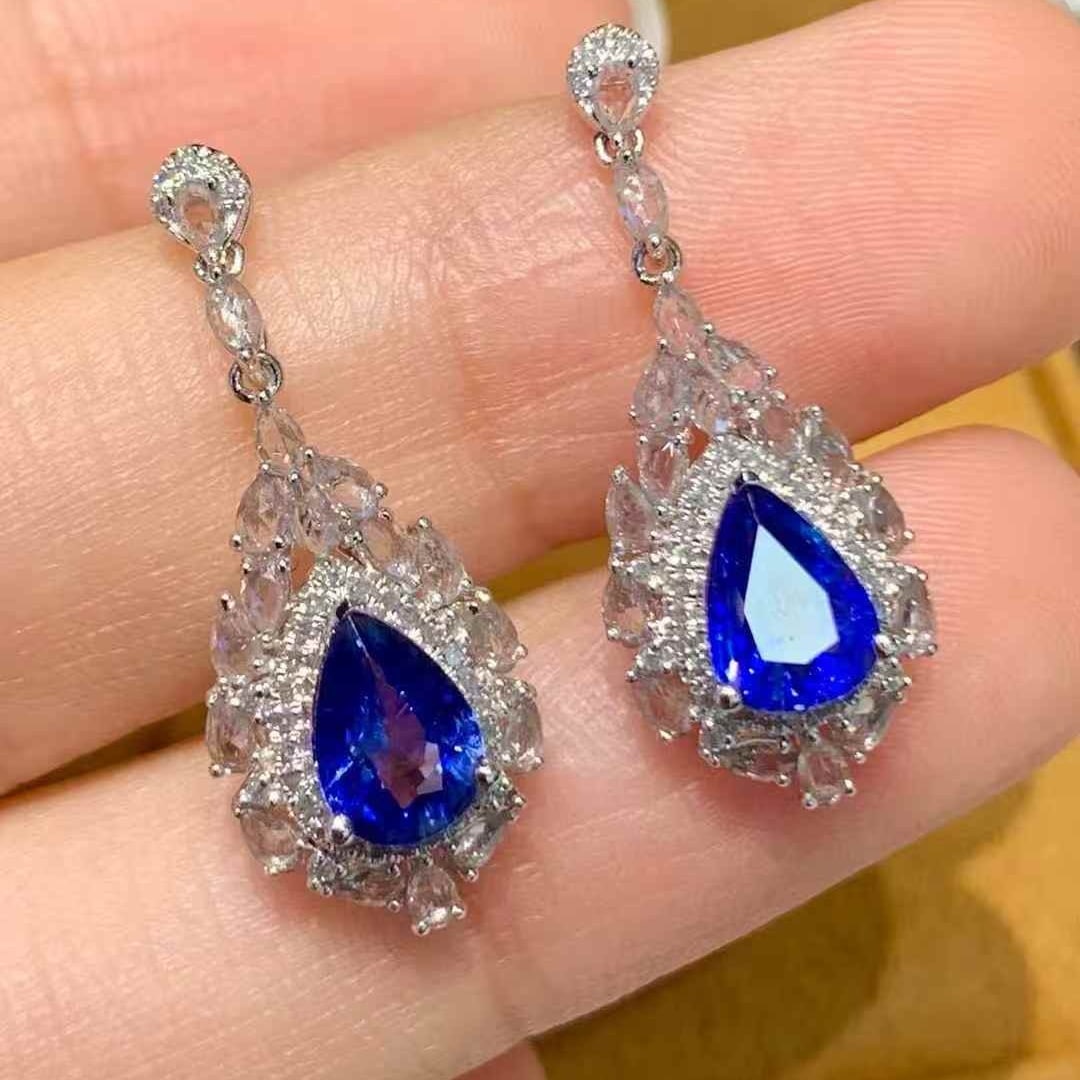 14k Gold 1.8 Ct Natural Sapphire & Diamond & Sapphire Earrings - 2