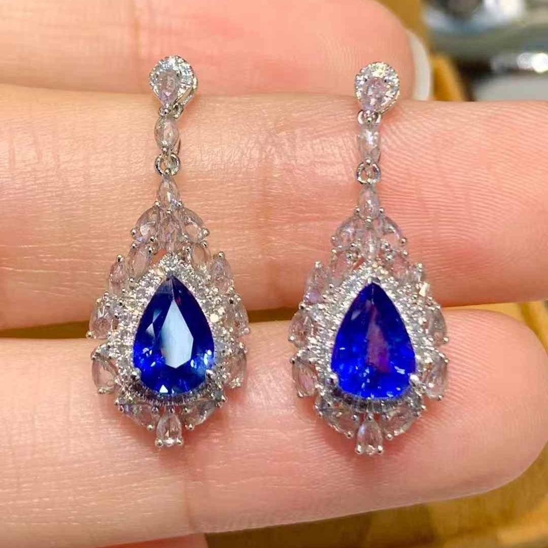 14k Gold 1.8 Ct Natural Sapphire & Diamond & Sapphire Earrings - 3