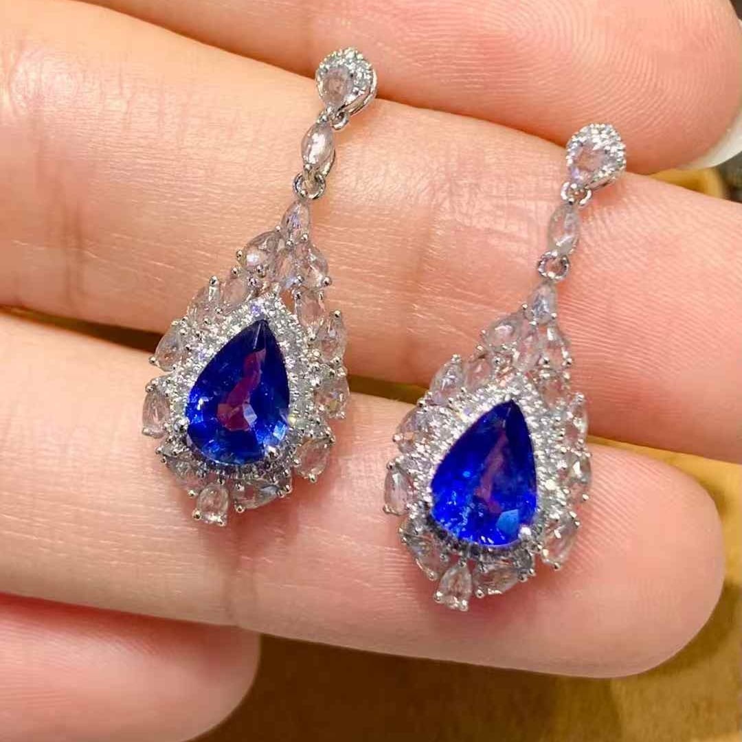 14k Gold 1.8 Ct Natural Sapphire & Diamond & Sapphire Earrings - 5