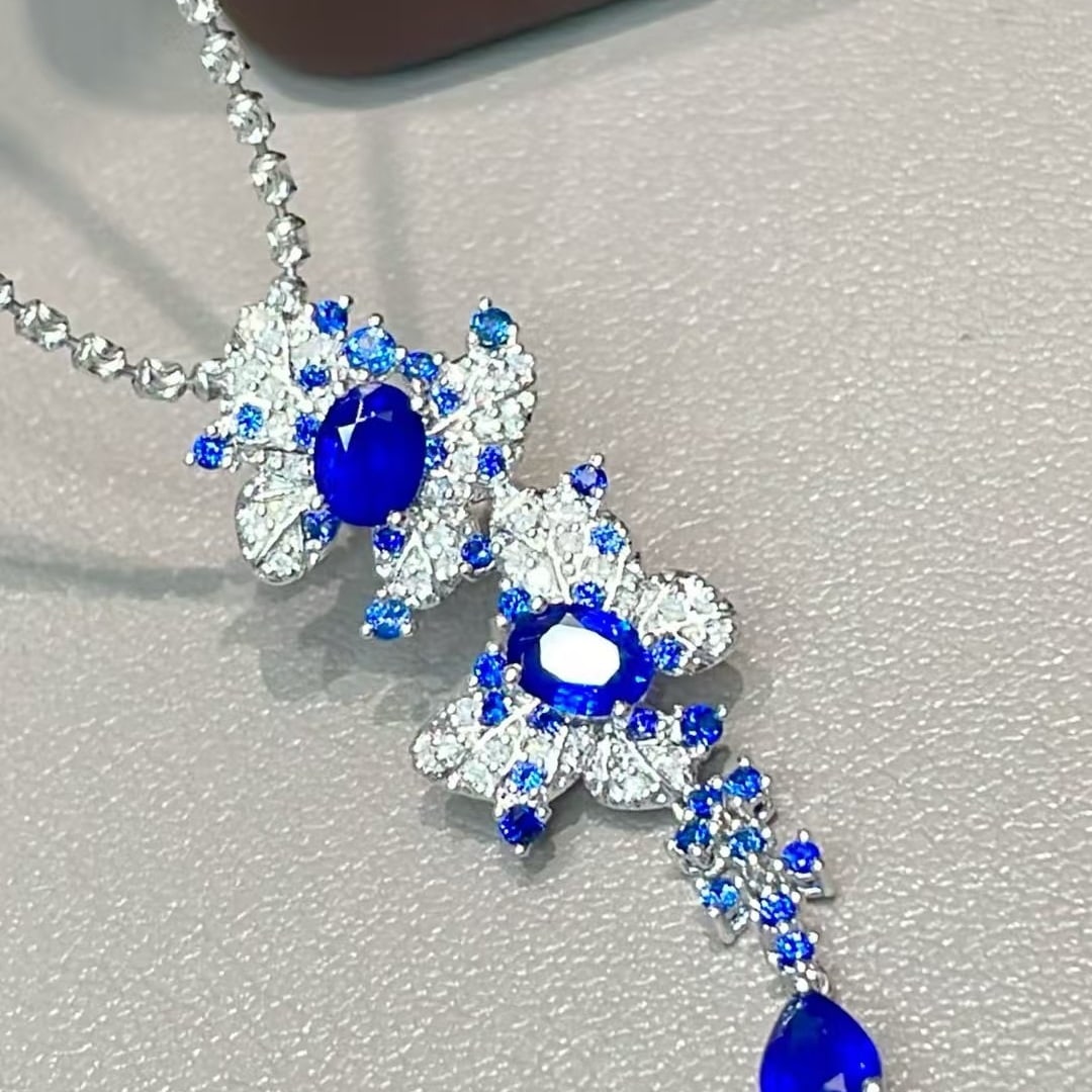 14k Gold 1.6 Ct Natural Sapphire & Diamond & Sapphire Pendant( Without Chain ) - 2