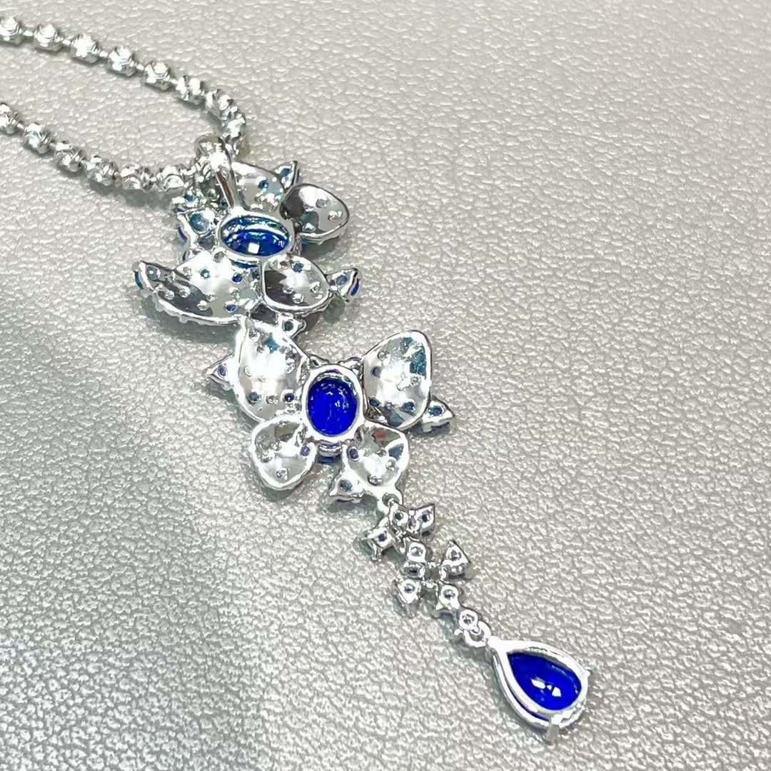 14k Gold 1.6 Ct Natural Sapphire & Diamond & Sapphire Pendant( Without Chain ) - 3