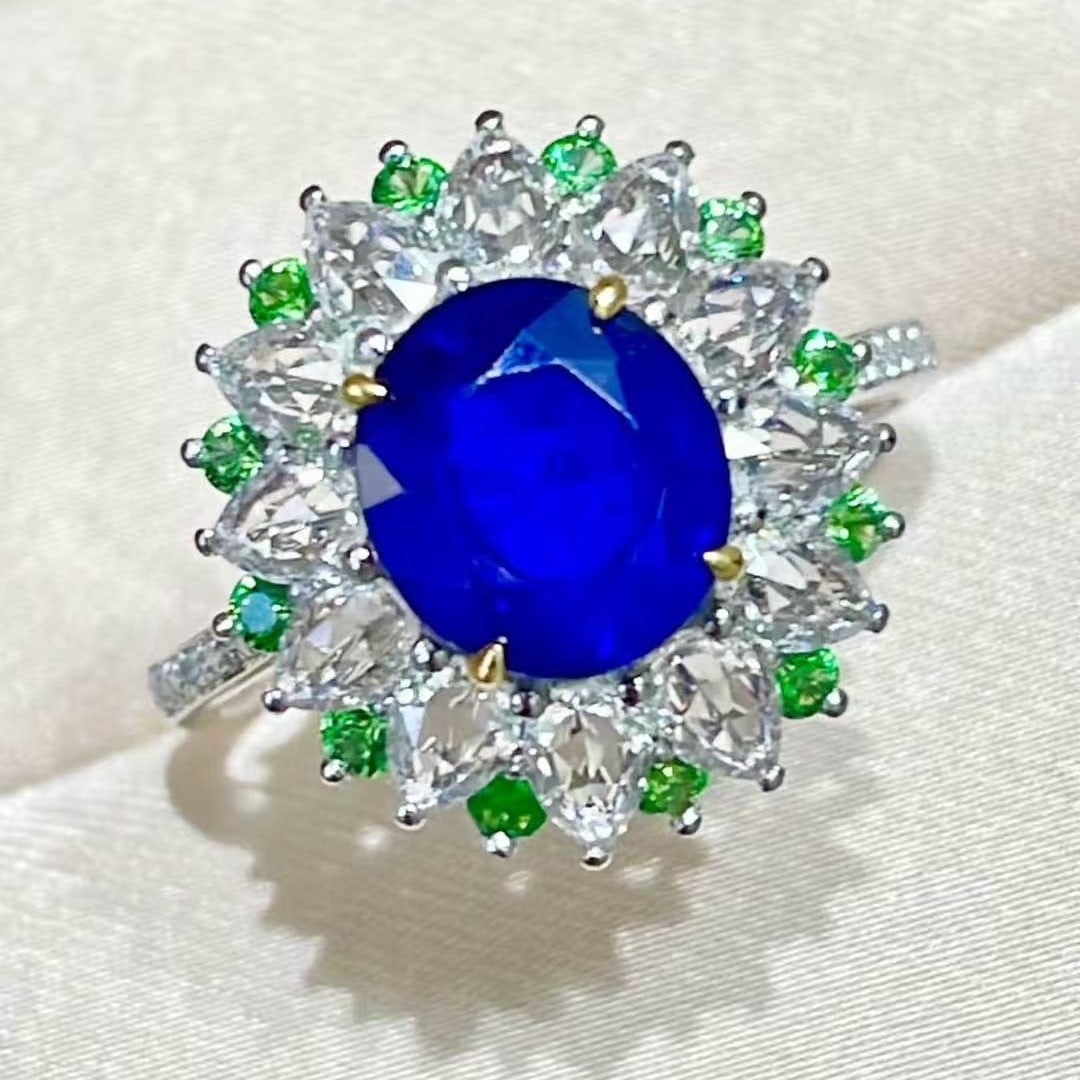 14k Gold 2.48 Ct Natural Sapphire & Diamond & Tsavorite Ring - 2