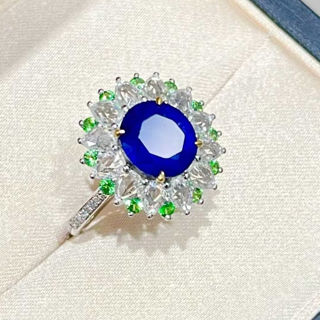 14k Gold 2.48 Ct Natural Sapphire & Diamond & Tsavorite Ring - 4