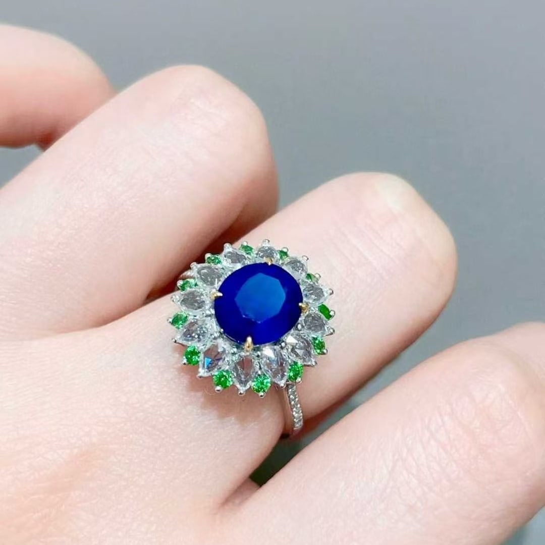 14k Gold 2.48 Ct Natural Sapphire & Diamond & Tsavorite Ring - 5