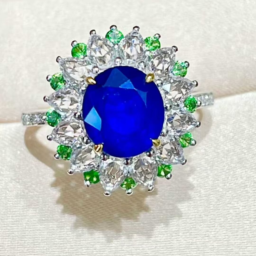 14k Gold 2.48 Ct Natural Sapphire & Diamond & Tsavorite Ring - 6