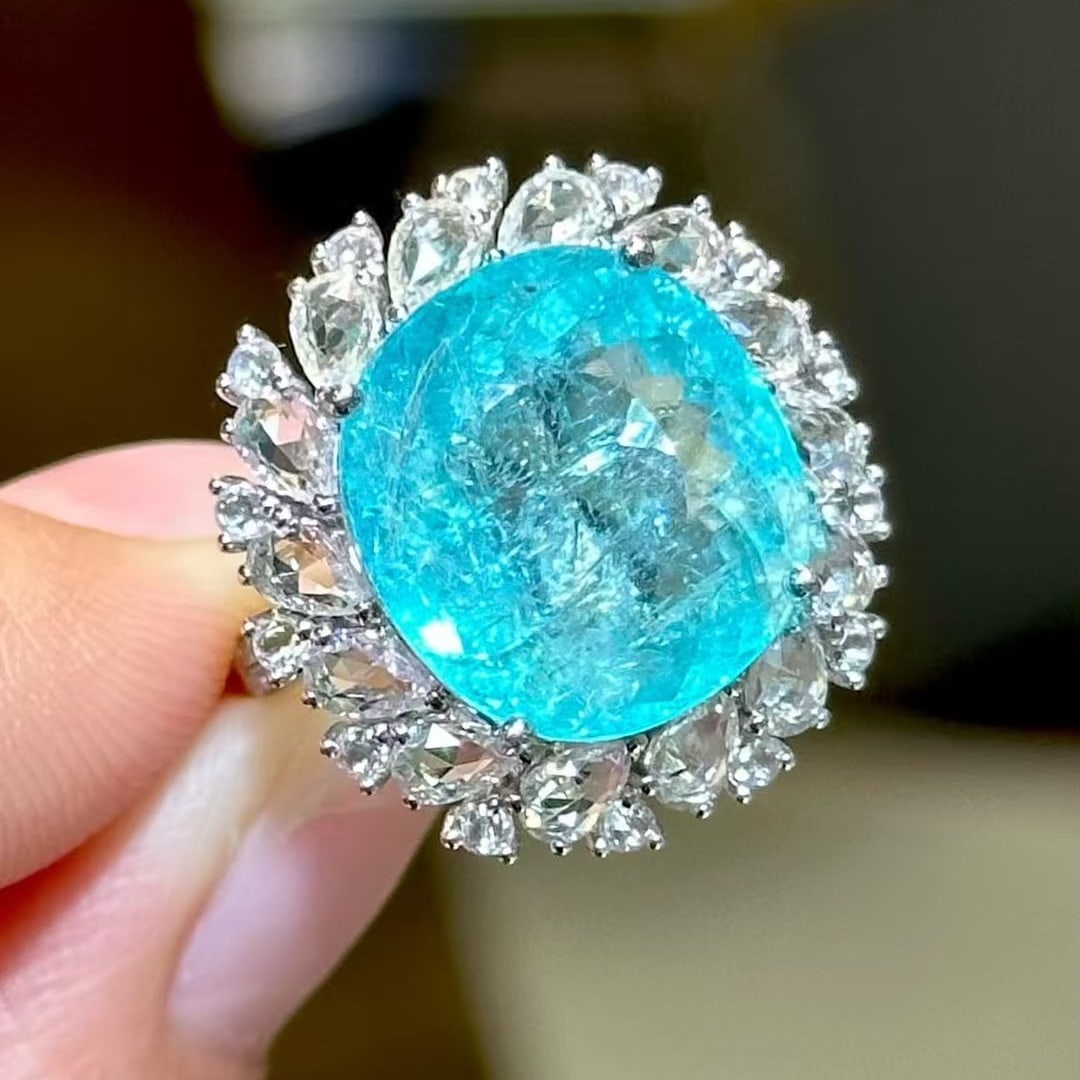 14k Gold 10.6 Ct Natural Paraiba Tourmaline & Sapphire & Diamond Ring - 2