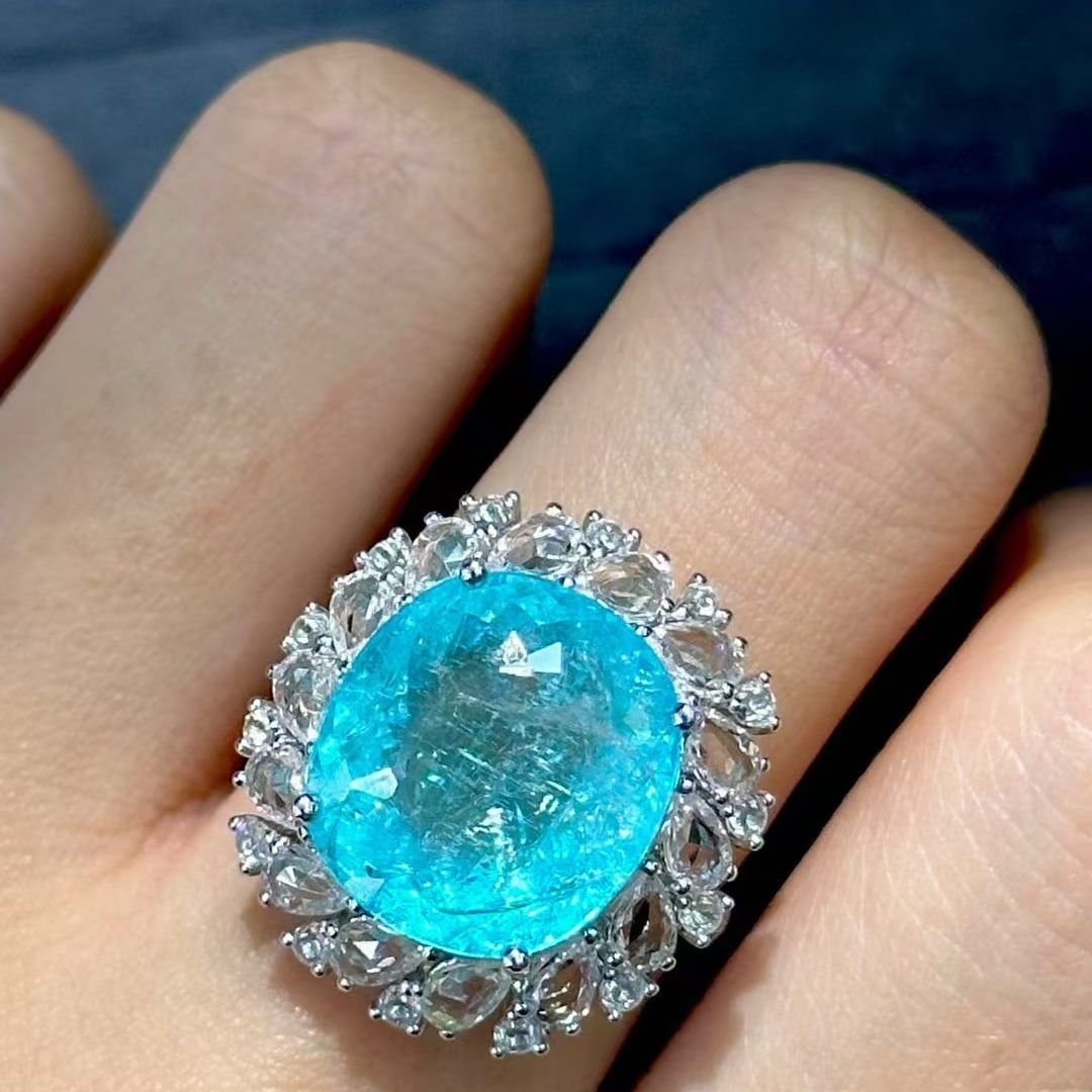 14k Gold 10.6 Ct Natural Paraiba Tourmaline & Sapphire & Diamond Ring - 4