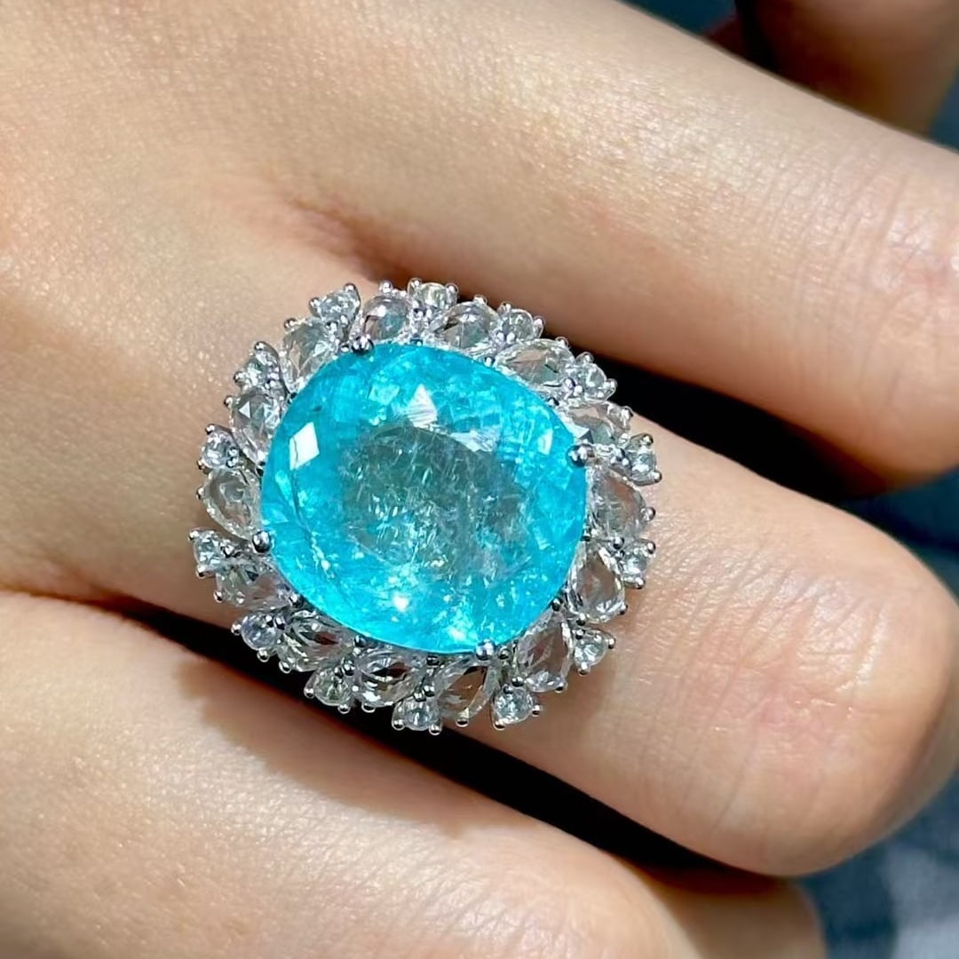 14k Gold 10.6 Ct Natural Paraiba Tourmaline & Sapphire & Diamond Ring - 5