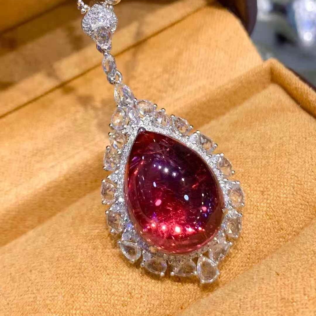 14k Gold 10.7 Ct Natural Tourmaline & Diamond & Sapphire Pendant( Without Chain ) - 2