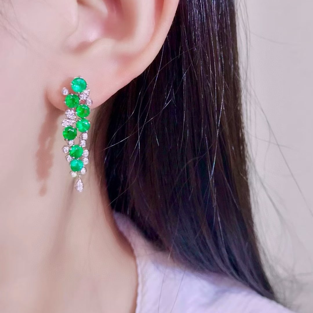 14k Gold 3.94 Ctw Natural Emerald & Diamond Earrings - 4