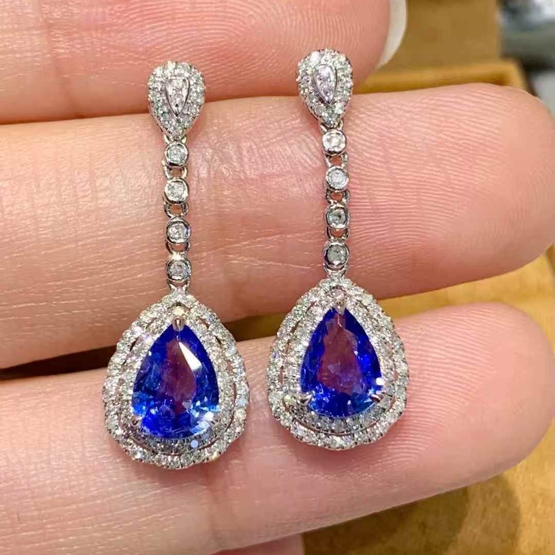 14k Gold 1.6 Ct Natural Sapphire & Diamond Earrings - 2