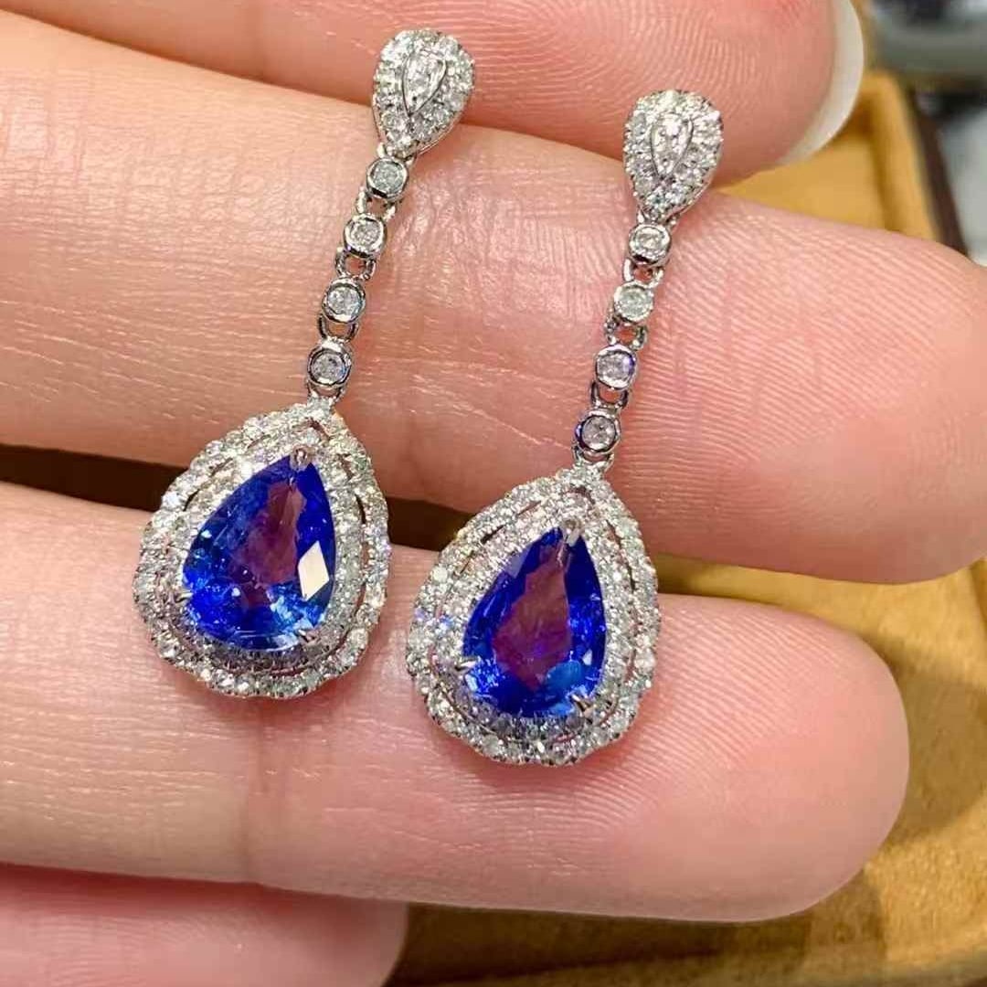 14k Gold 1.6 Ct Natural Sapphire & Diamond Earrings - 3
