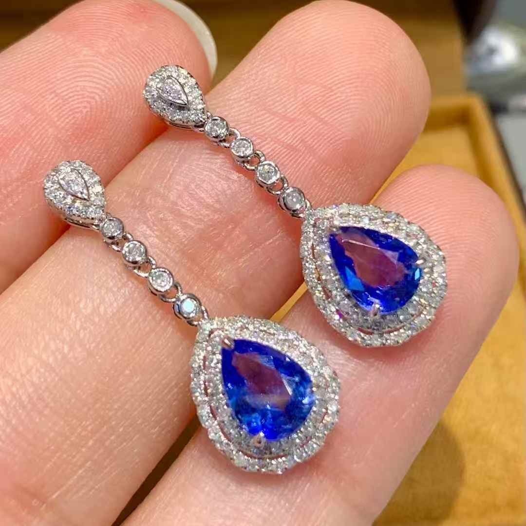 14k Gold 1.6 Ct Natural Sapphire & Diamond Earrings - 4