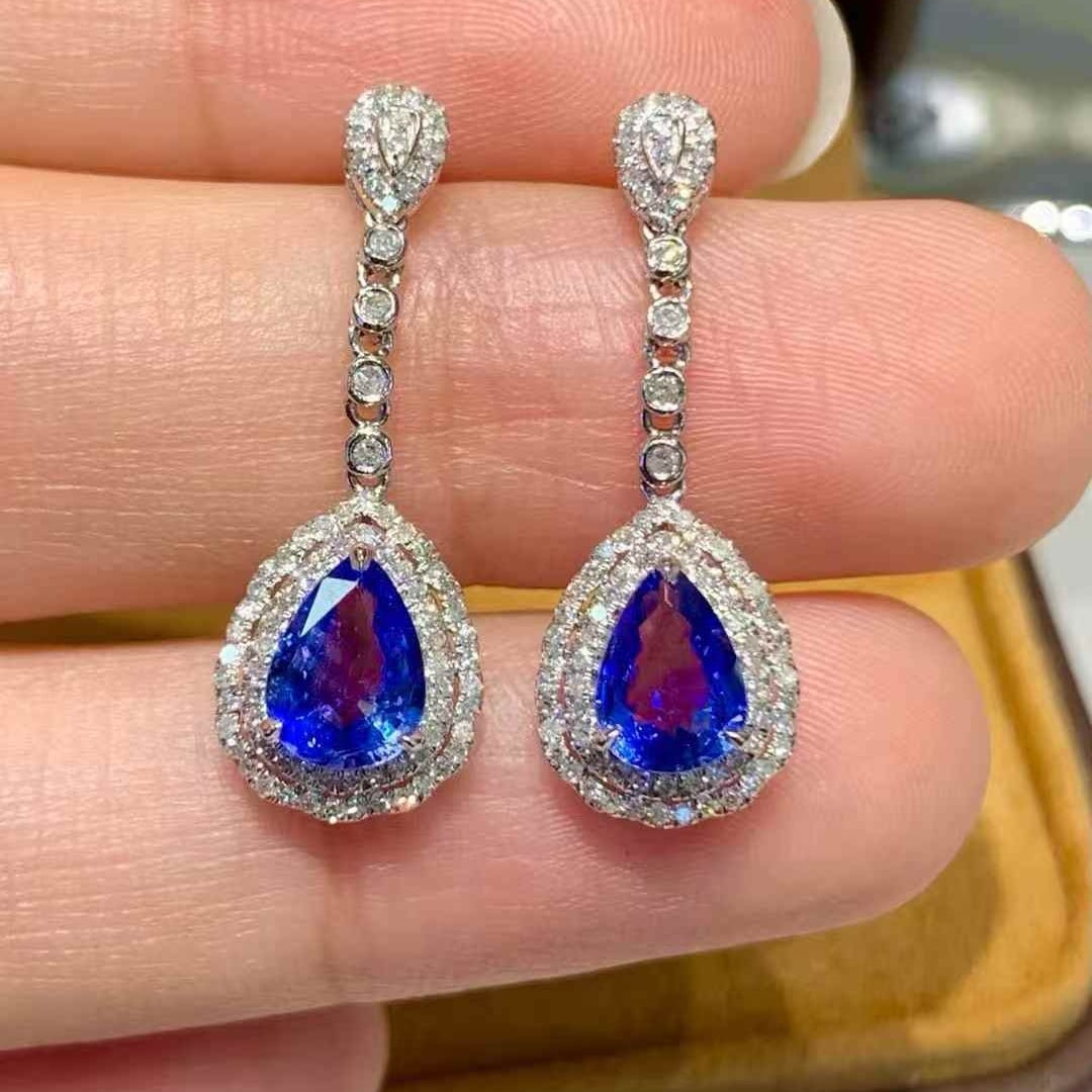 14k Gold 1.6 Ct Natural Sapphire & Diamond Earrings - 5