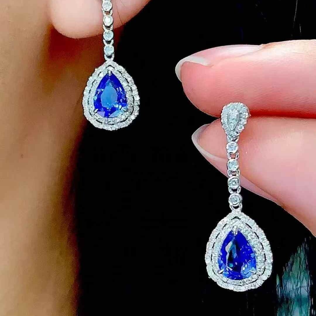 14k Gold 1.6 Ct Natural Sapphire & Diamond Earrings - 6