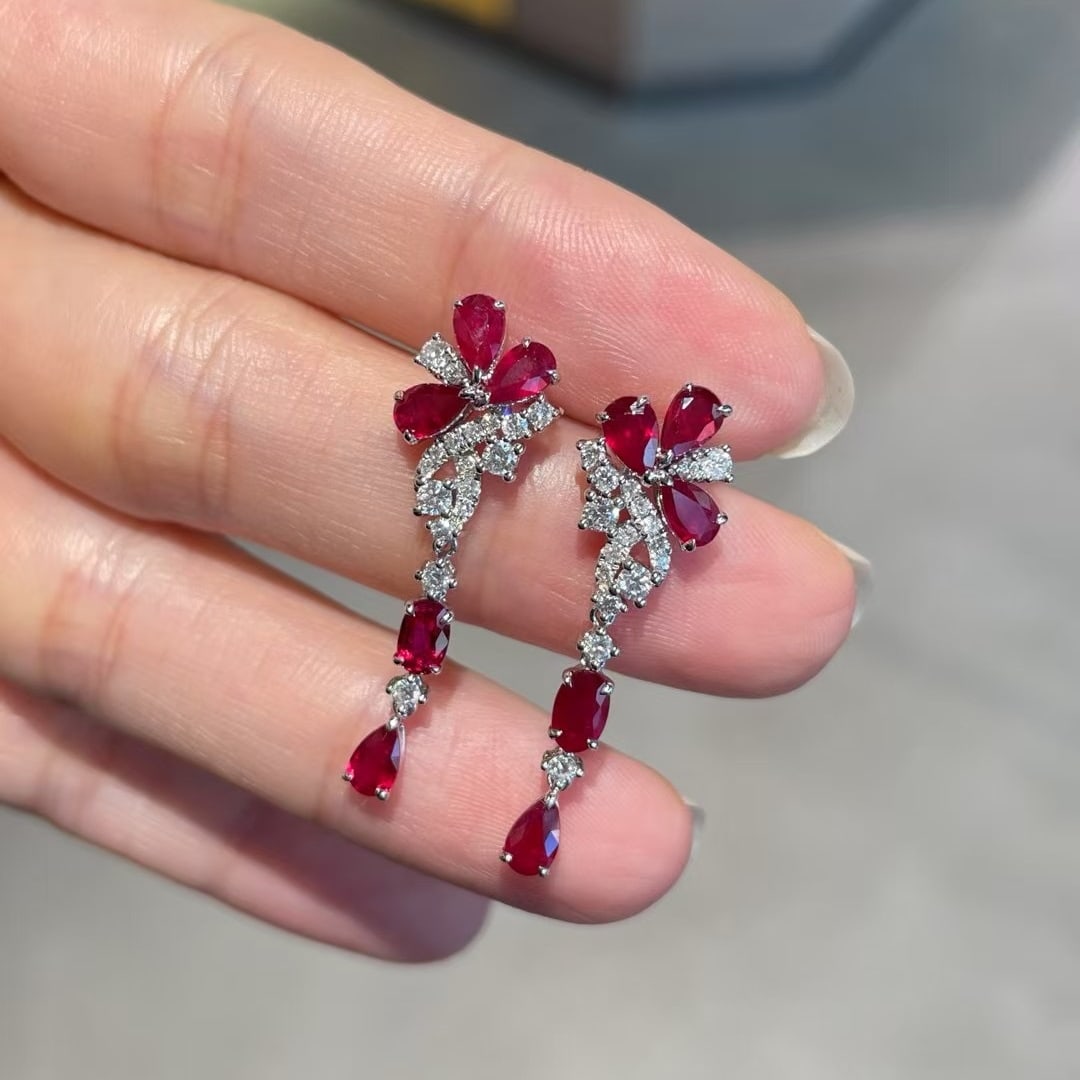 14k Gold 2.2 Ct Natural Ruby & Diamond Earrings - 4