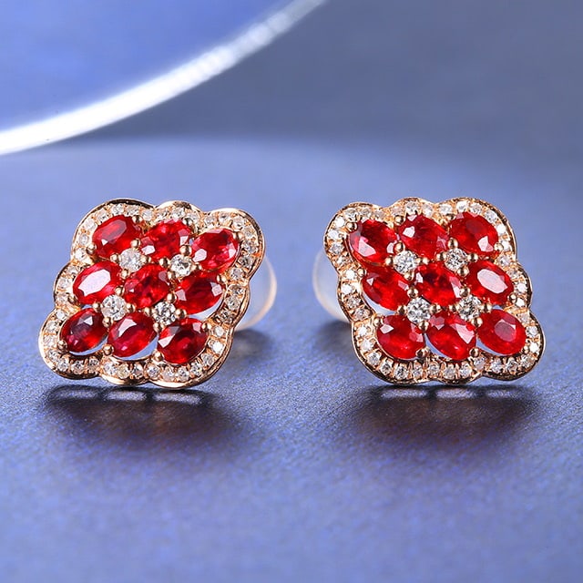 14k Gold 2.08 Ctw Natural Ruby & Diamond Earrings: Ref:231051228 // gold content:14k gold // main gemstone:ruby // shape:oval // carat weight:1. 75ct // color:red // treatment:natural // // adjacent gemstone 2 : diamond // number of stones:88 //