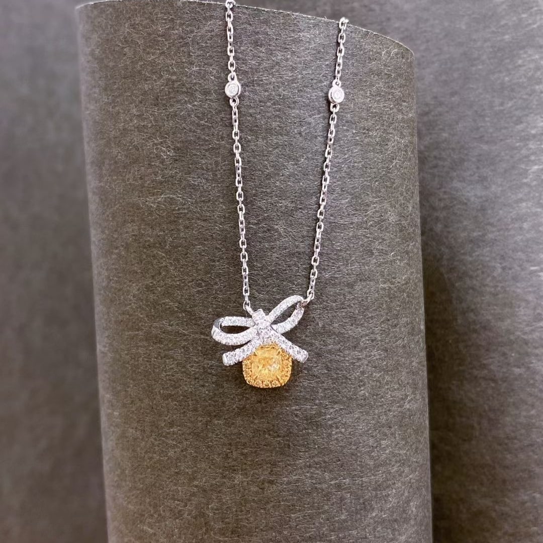 14k Gold 0.50 Ctw Natural Yellow Diamond & Diamond Necklace: Ref:231051240 // gold content:14k gold // main gemstone:yellow diamond // shape:cushion // carat weight:0. 32ct // color:yellow // treatment:natural // // adjacent gemstone 2 : diamond // shape:round