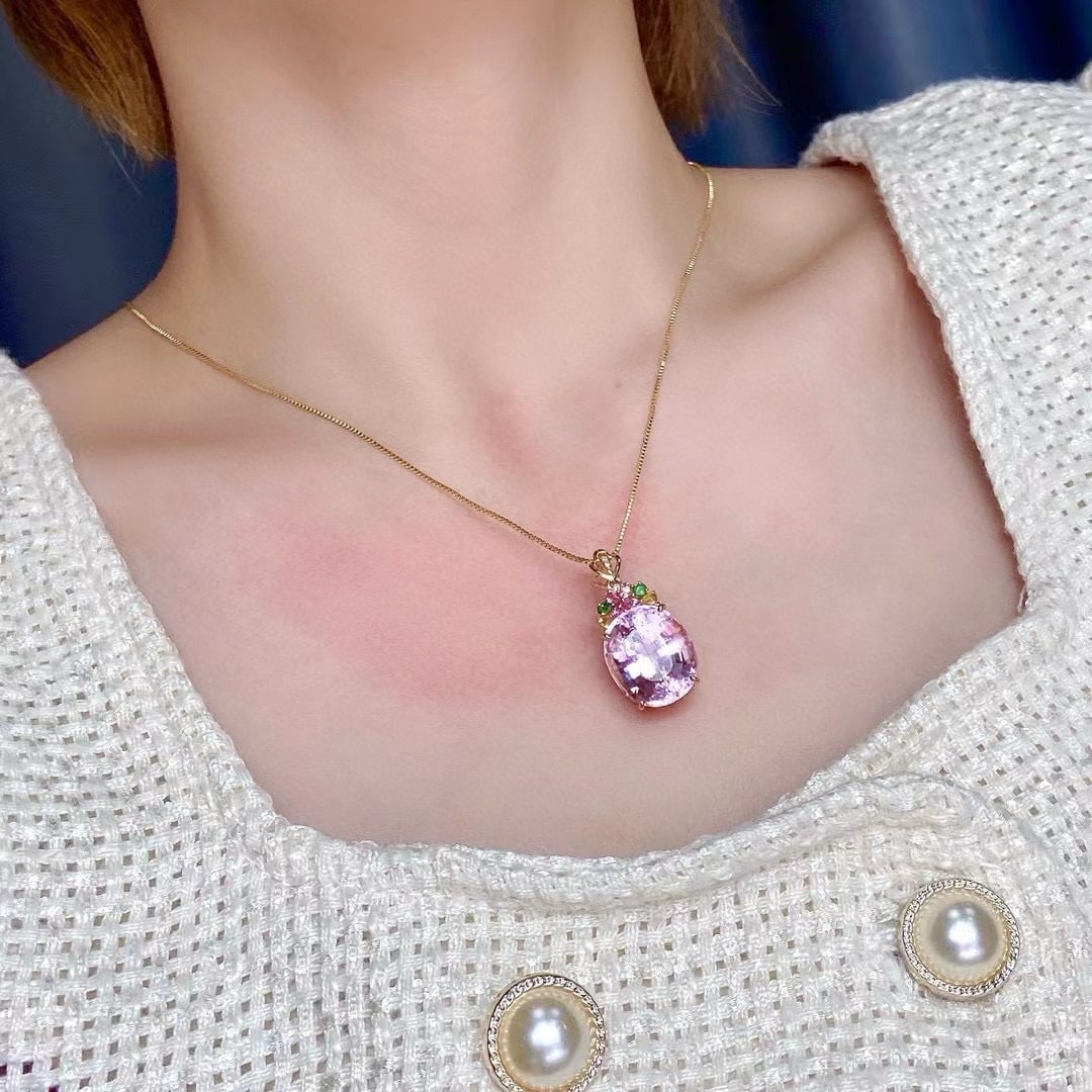 14k Gold 20 Ct Natural Kunzite & Sapphire & Tsavorite & Diamond Pendant( Without Chain ) - 2