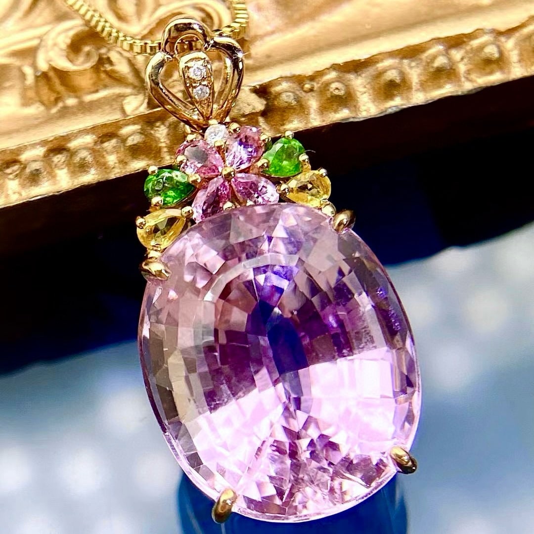 14k Gold 20 Ct Natural Kunzite & Sapphire & Tsavorite & Diamond Pendant( Without Chain ) - 3