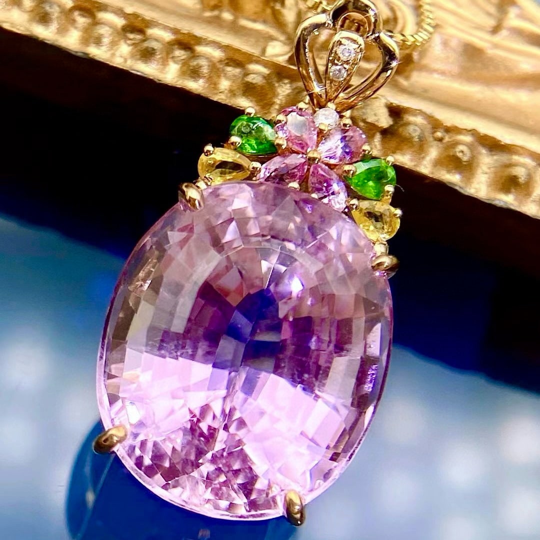 14k Gold 20 Ct Natural Kunzite & Sapphire & Tsavorite & Diamond Pendant( Without Chain ) - 4