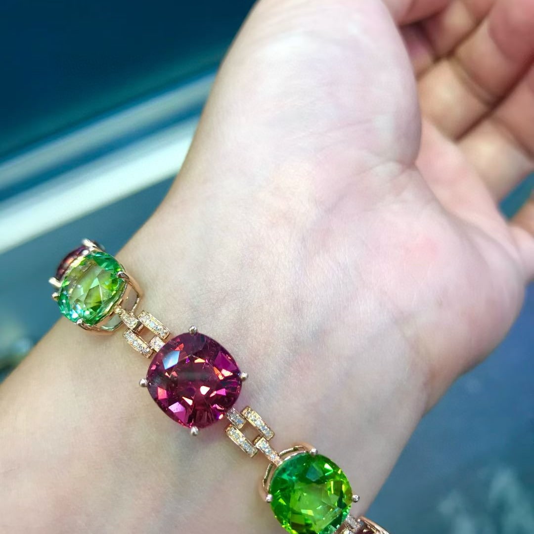 14k Gold 28 Ct Natural Tourmaline & Diamond Bracelet - 2