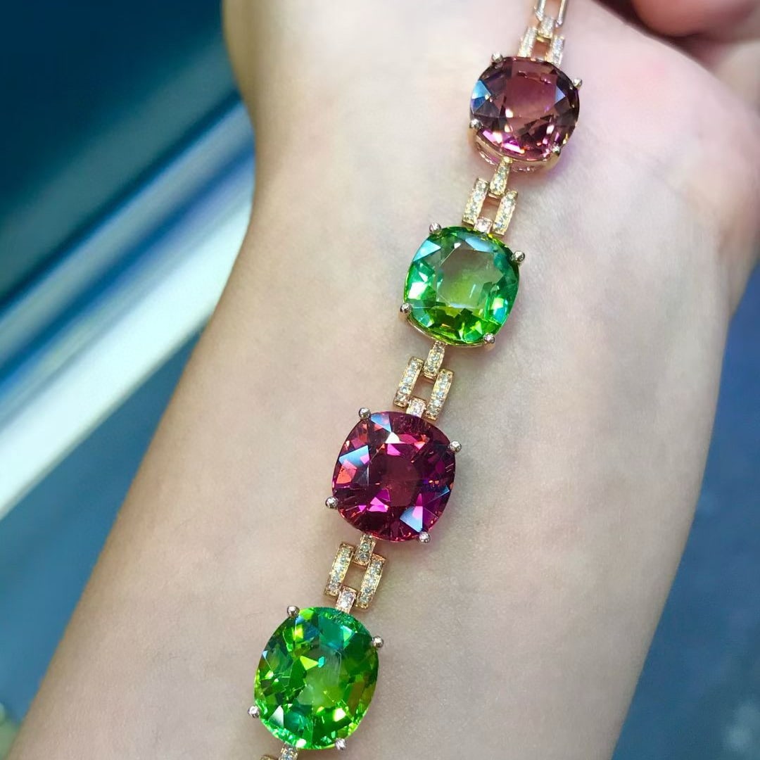 14k Gold 28 Ct Natural Tourmaline & Diamond Bracelet - 3