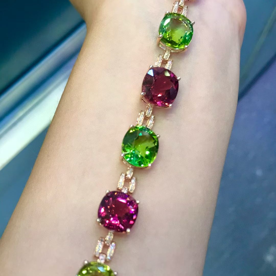 14k Gold 28 Ct Natural Tourmaline & Diamond Bracelet - 4