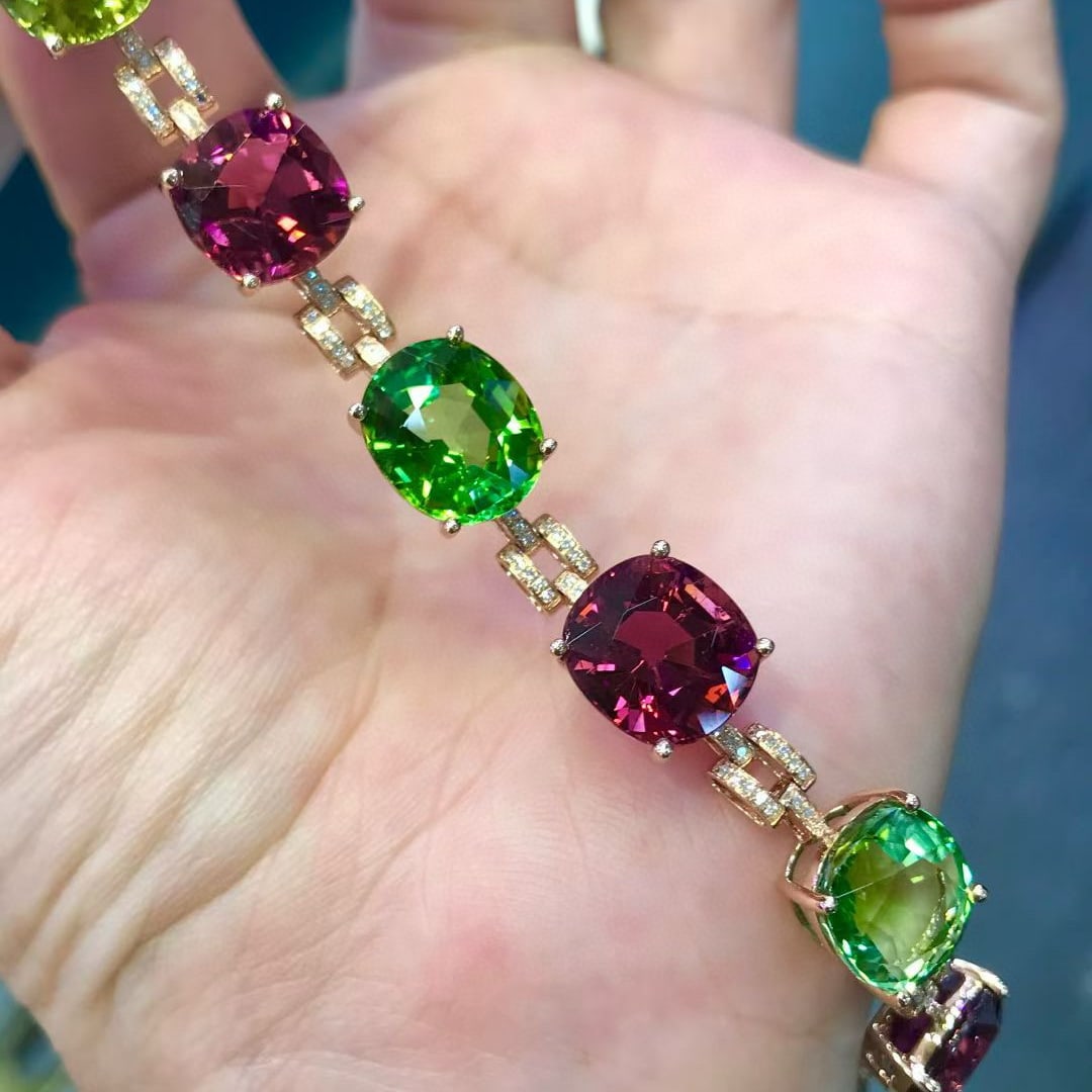 14k Gold 28 Ct Natural Tourmaline & Diamond Bracelet - 5