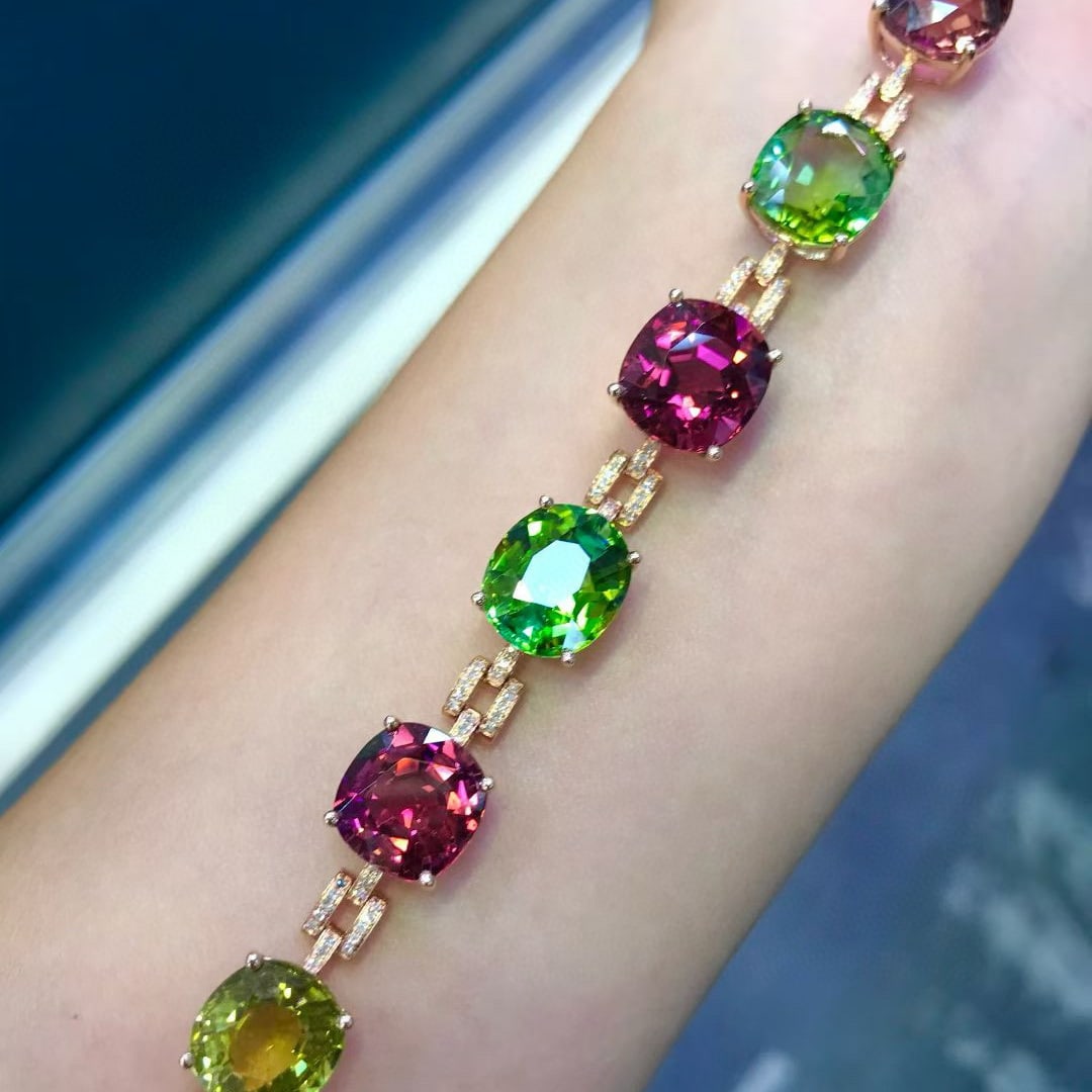 14k Gold 28 Ct Natural Tourmaline & Diamond Bracelet - 6