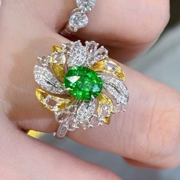 14k Gold 1.56 Ct Natural Tsavorite & Diamond & Sapphire Ring: Ref:231051250 // gold content:14k gold // ring size:7. 25us // // main gemstone:tsavorite // shape:oval // carat weight:1. 56ct // color:green // treatment:natural // // adjacent gemstone 2 : diamond