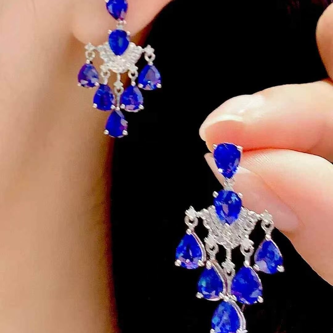 14k Gold 6 Ct Natural Sapphire & Diamond Earrings - 3