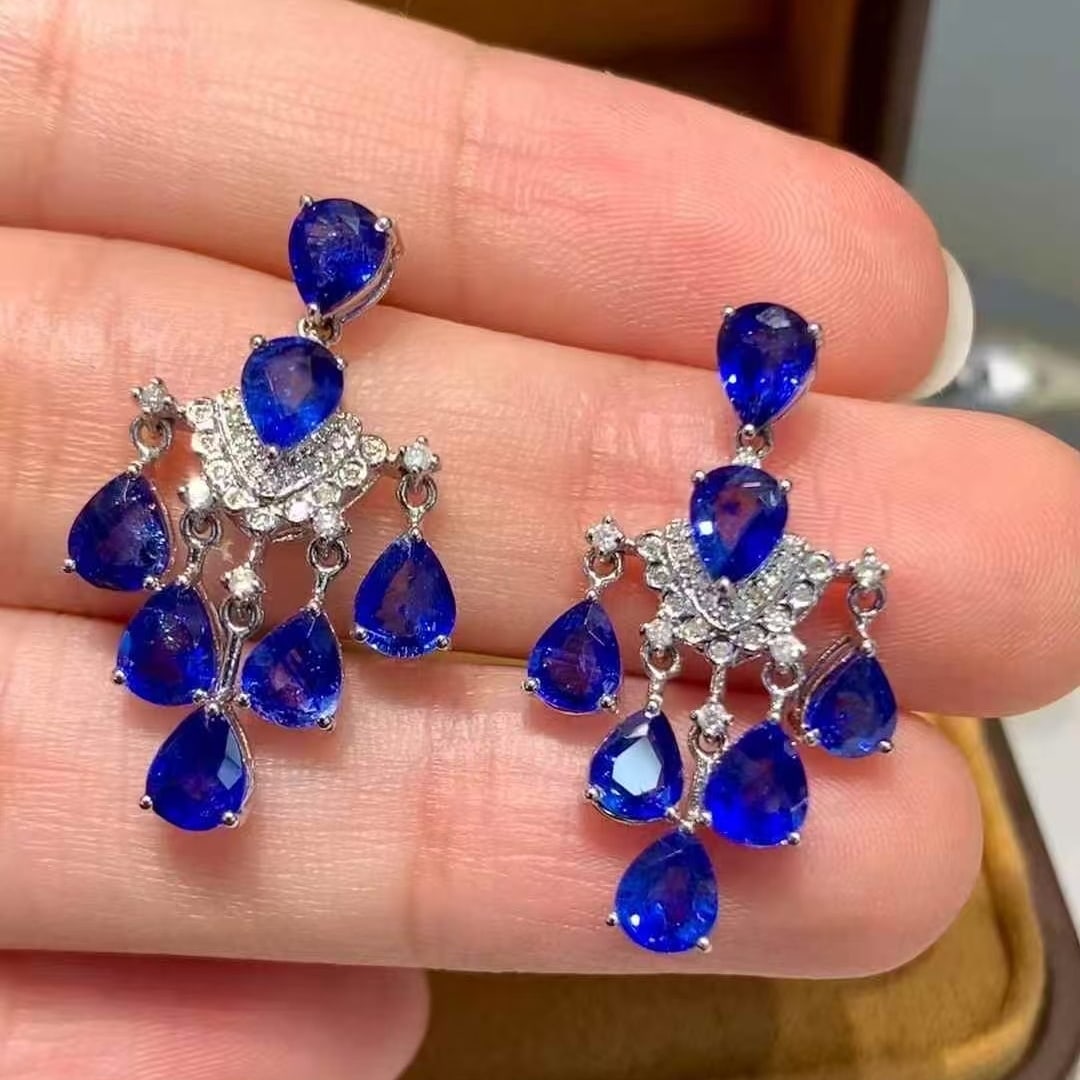 14k Gold 6 Ct Natural Sapphire & Diamond Earrings - 6