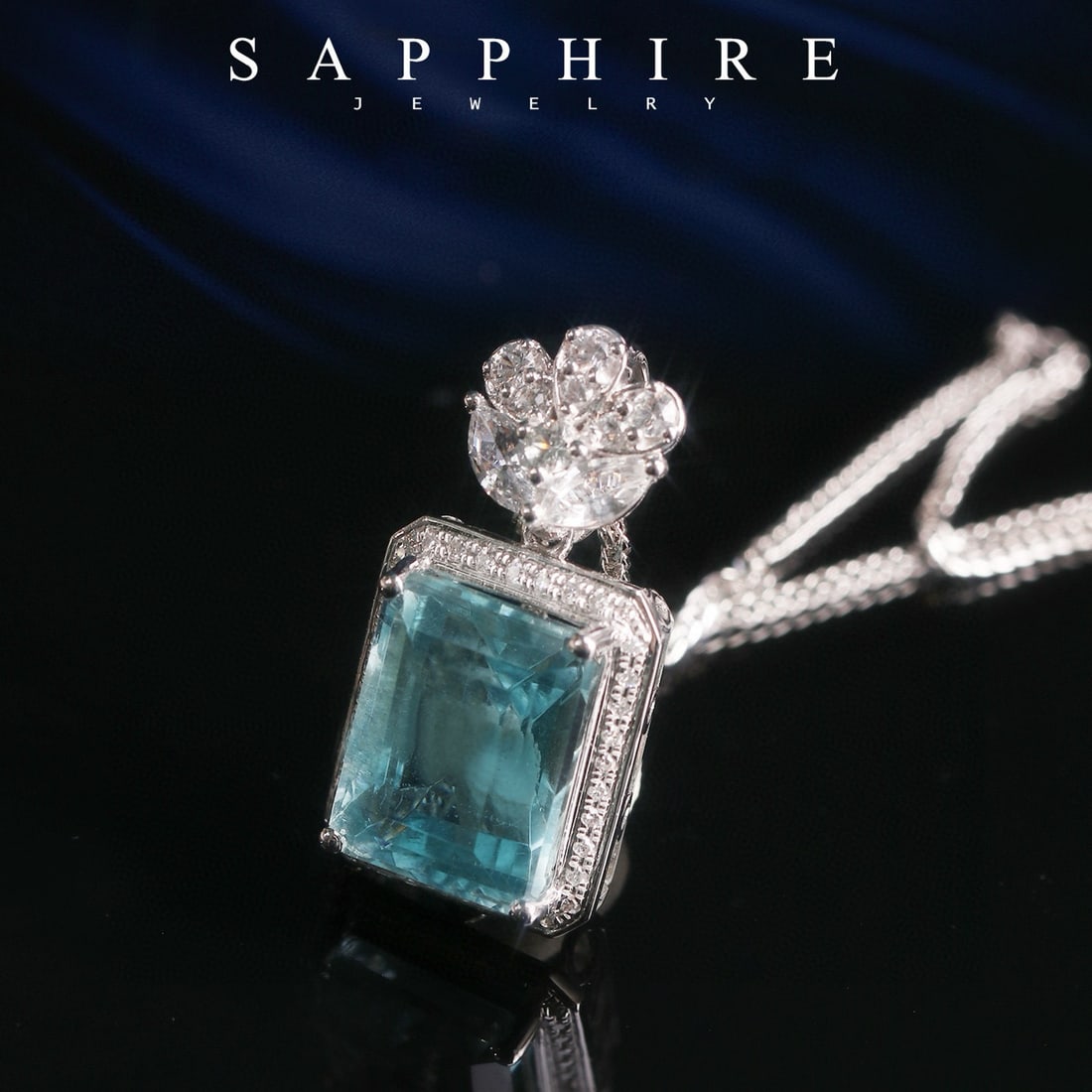 14k Gold 5 Ct Natural Aquamarine & Diamond & Sapphire Pendant( Without Chain ) - 2