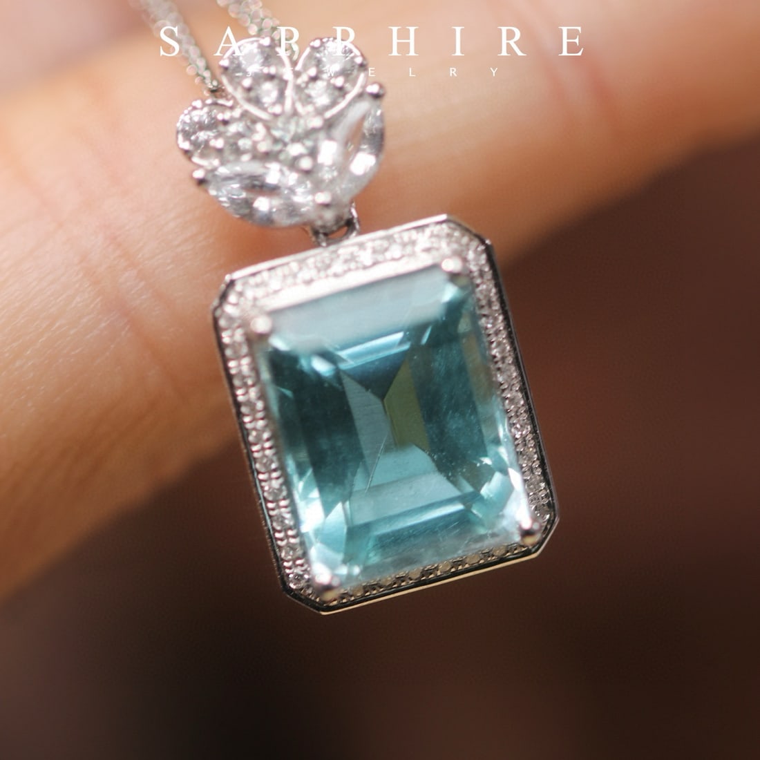 14k Gold 5 Ct Natural Aquamarine & Diamond & Sapphire Pendant( Without Chain ) - 4