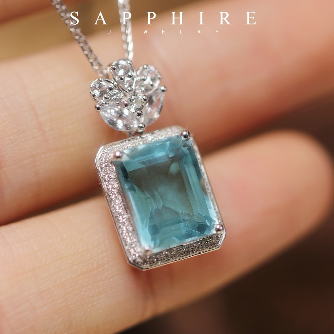 14k Gold 5 Ct Natural Aquamarine & Diamond & Sapphire Pendant( Without Chain ) - 5