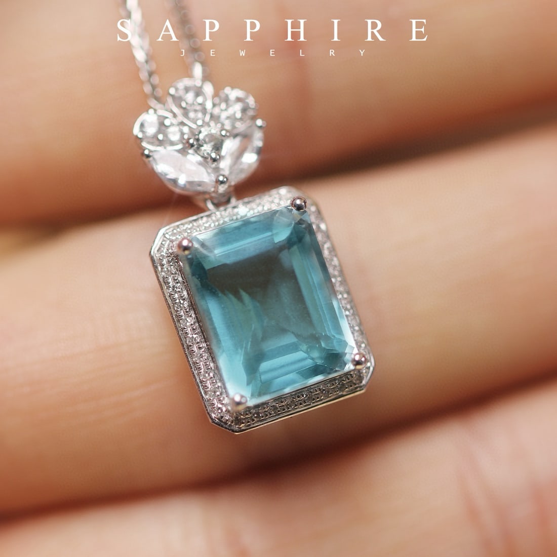 14k Gold 5 Ct Natural Aquamarine & Diamond & Sapphire Pendant( Without Chain ) - 6