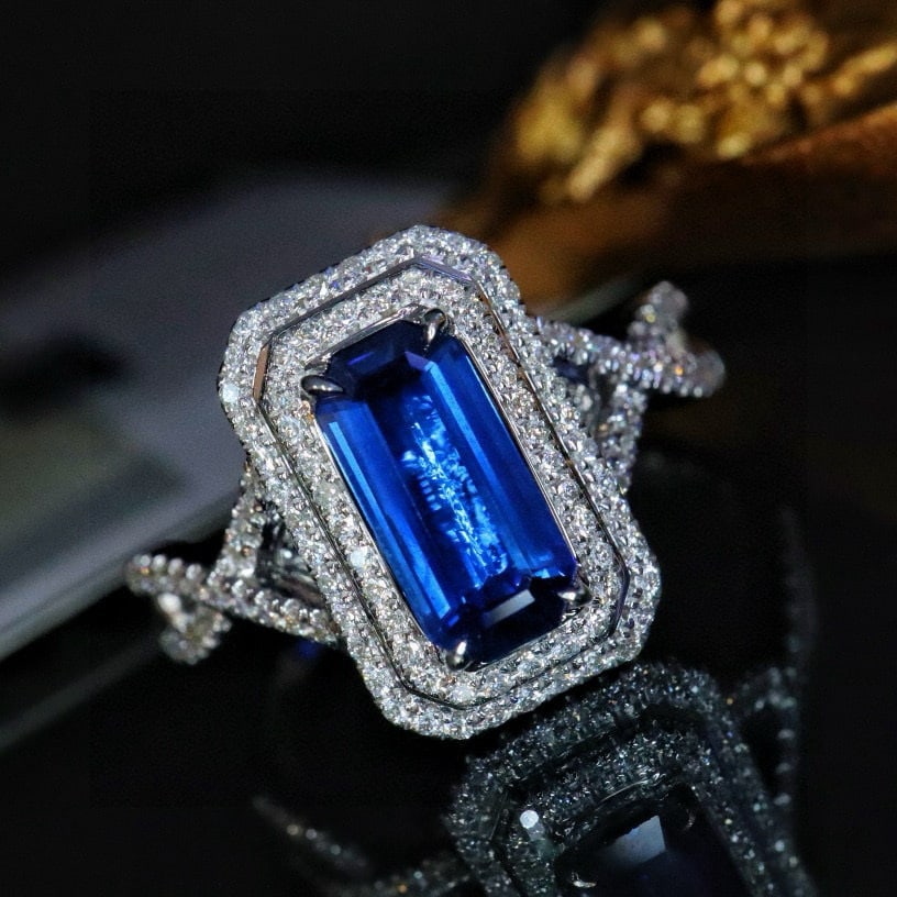 14k Gold 1.42 Ctw Natural Sapphire & Diamond Ring: Ref:231052002 // gold content:14k gold // ring size:7. 25us // // main gemstone:sapphire // shape:octagonal // carat weight:1. 1ct // color:blue // treatment:natural // // adjacent gemstone 2 : diamon