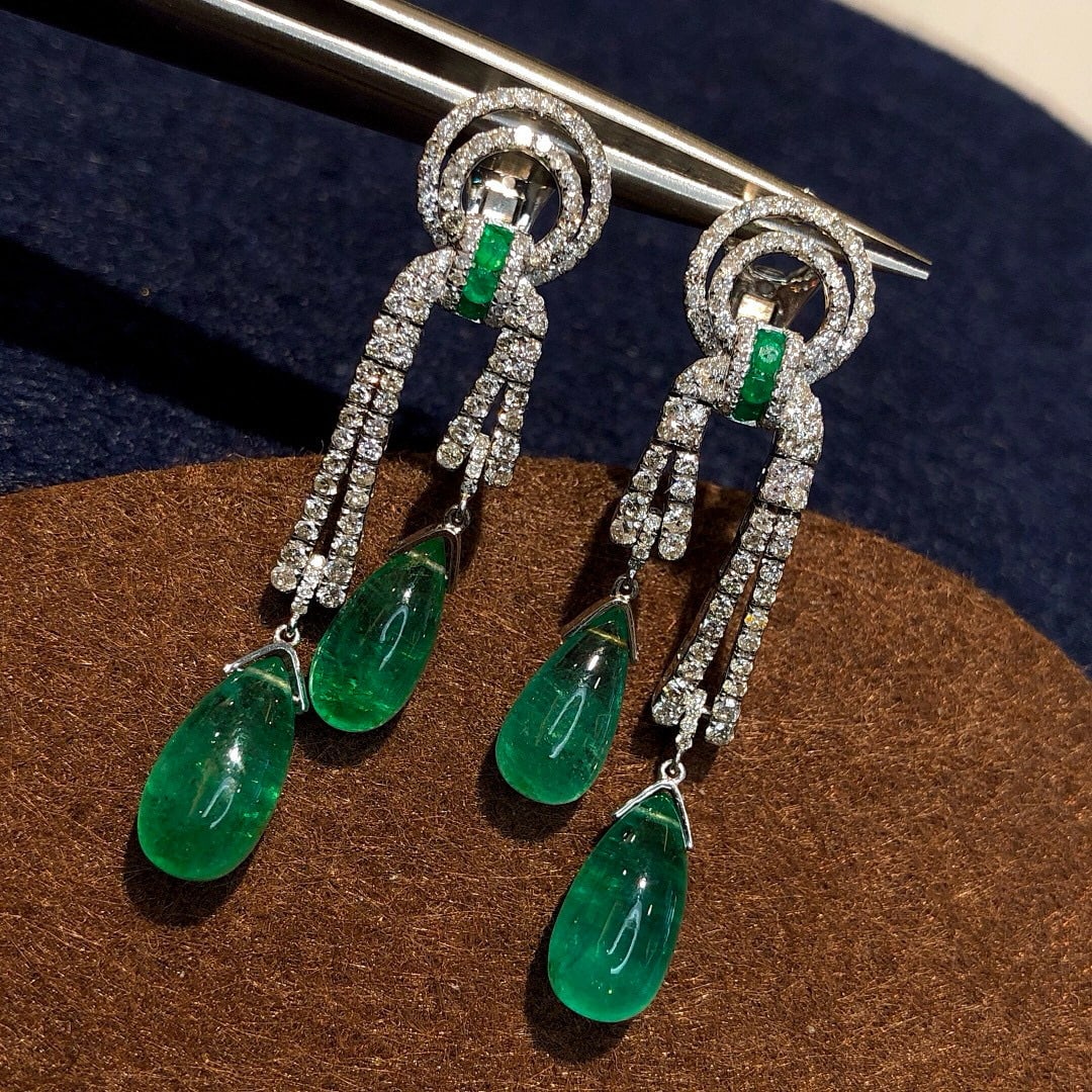 14k Gold 11.81 Ctw Vivid Green Natural Emerald & Diamond Earrings - 3