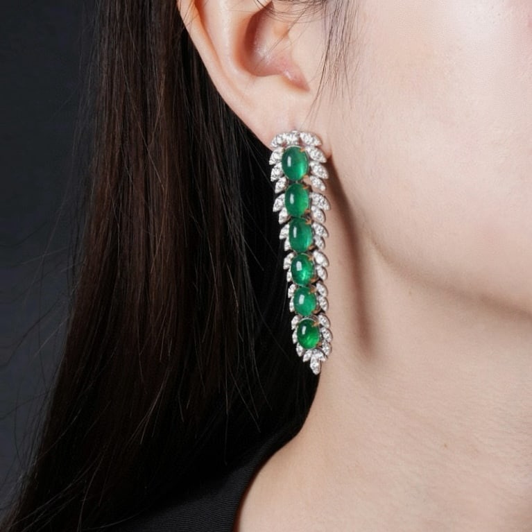 14k Gold 23.83 Ctw Vivid Green Natural Emerald & Diamond Earrings - 2