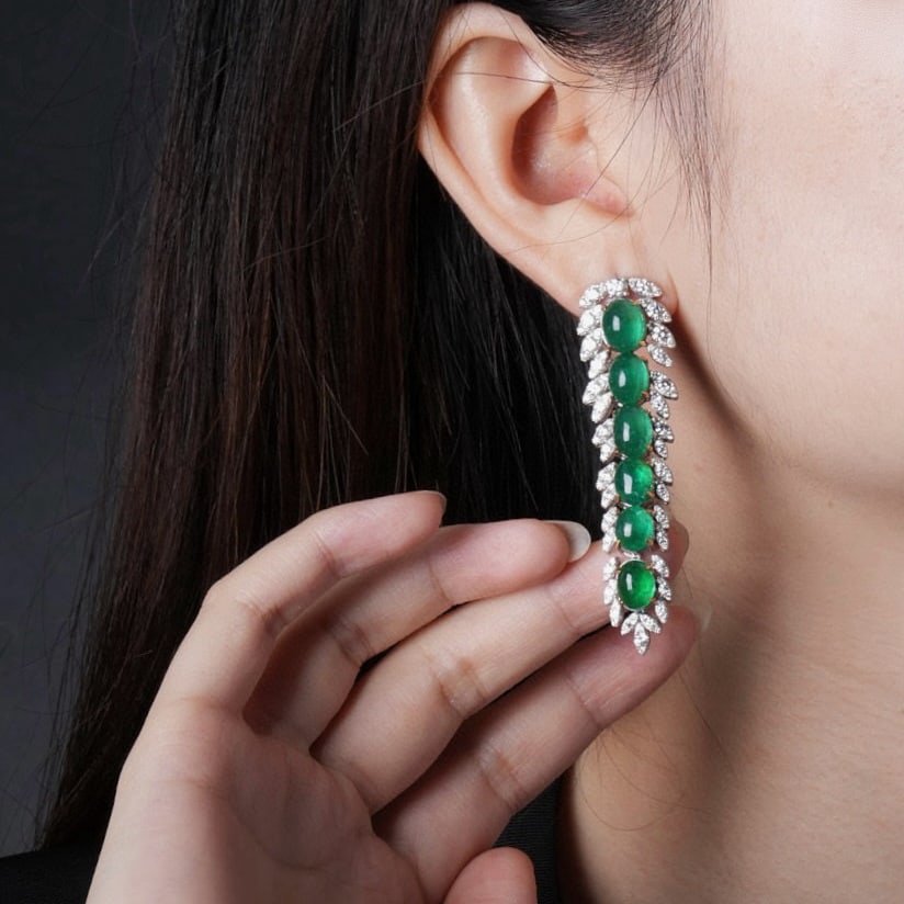 14k Gold 23.83 Ctw Vivid Green Natural Emerald & Diamond Earrings - 3